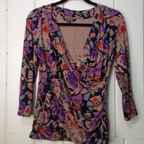 Lauren Ralph Lauren Blouse Women S Crossover 3/4 Sleeve Pattern Colorful - Picture 1 of 16